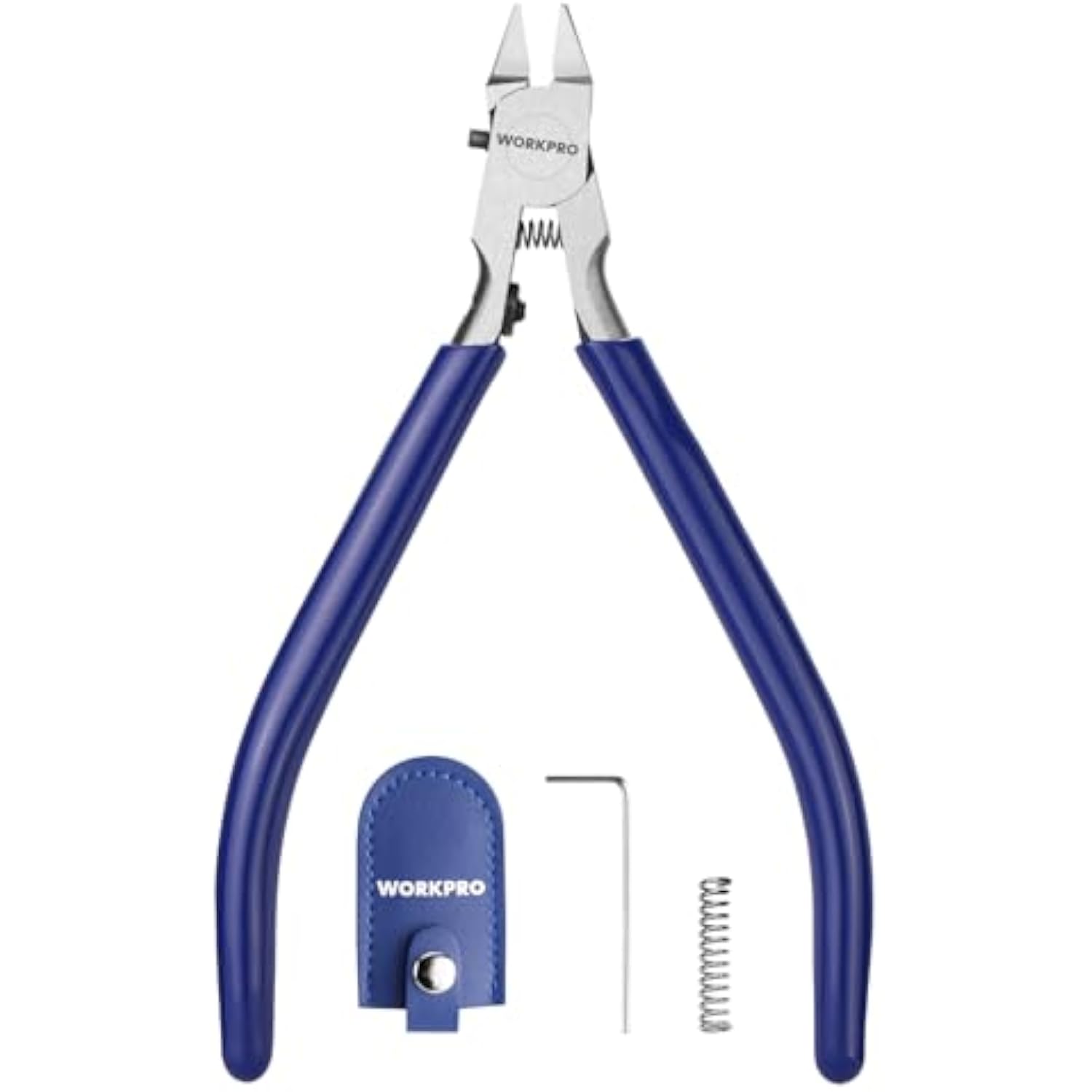 Blue model nippers tool with cutting jaws and small spring clip accessory