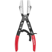 Ratcheting hose pinch-off pliers with silver serrated jaws, black frame, and red handles
