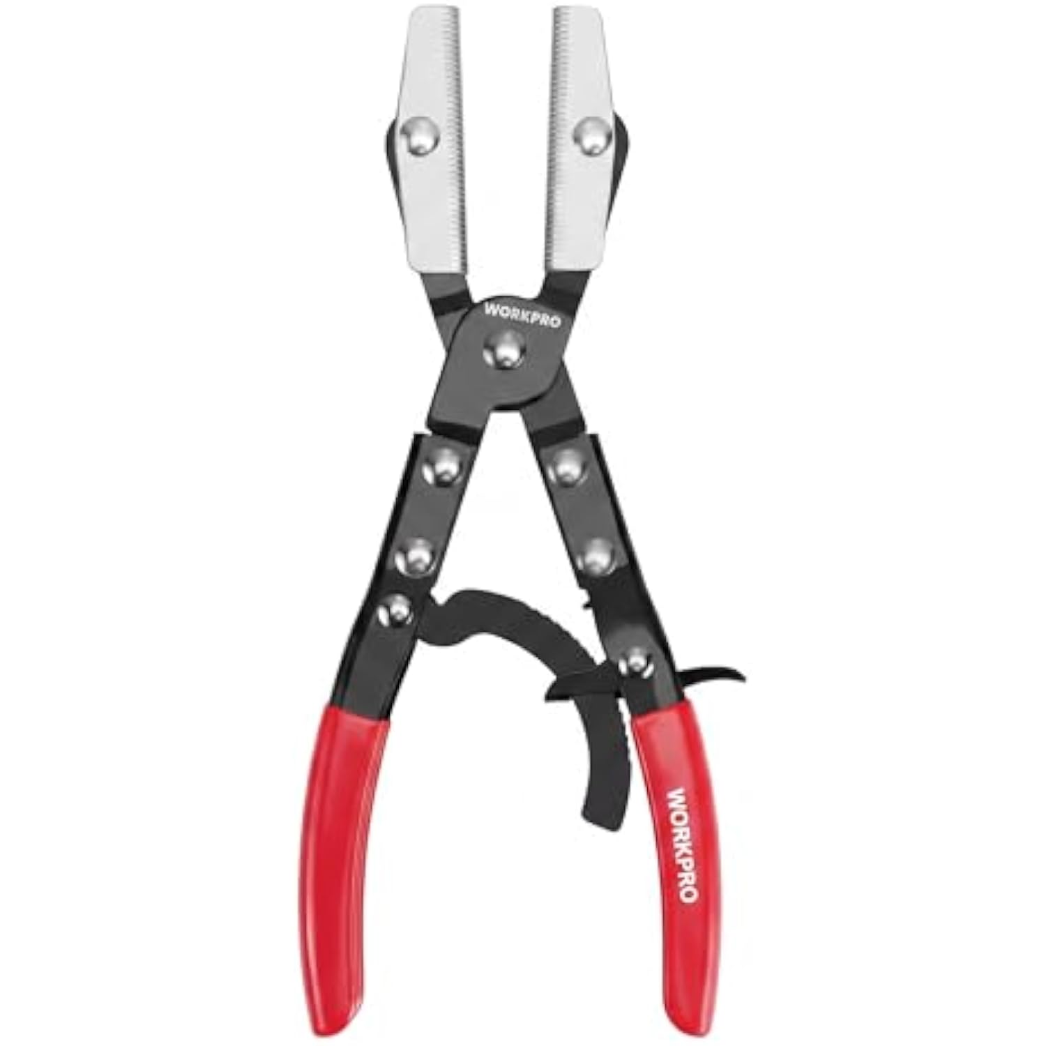 Ratcheting hose pinch-off pliers with silver serrated jaws, black frame, and red handles