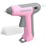 WORKPRO pink cordless mini hot glue gun with white mini glue sticks and stand
