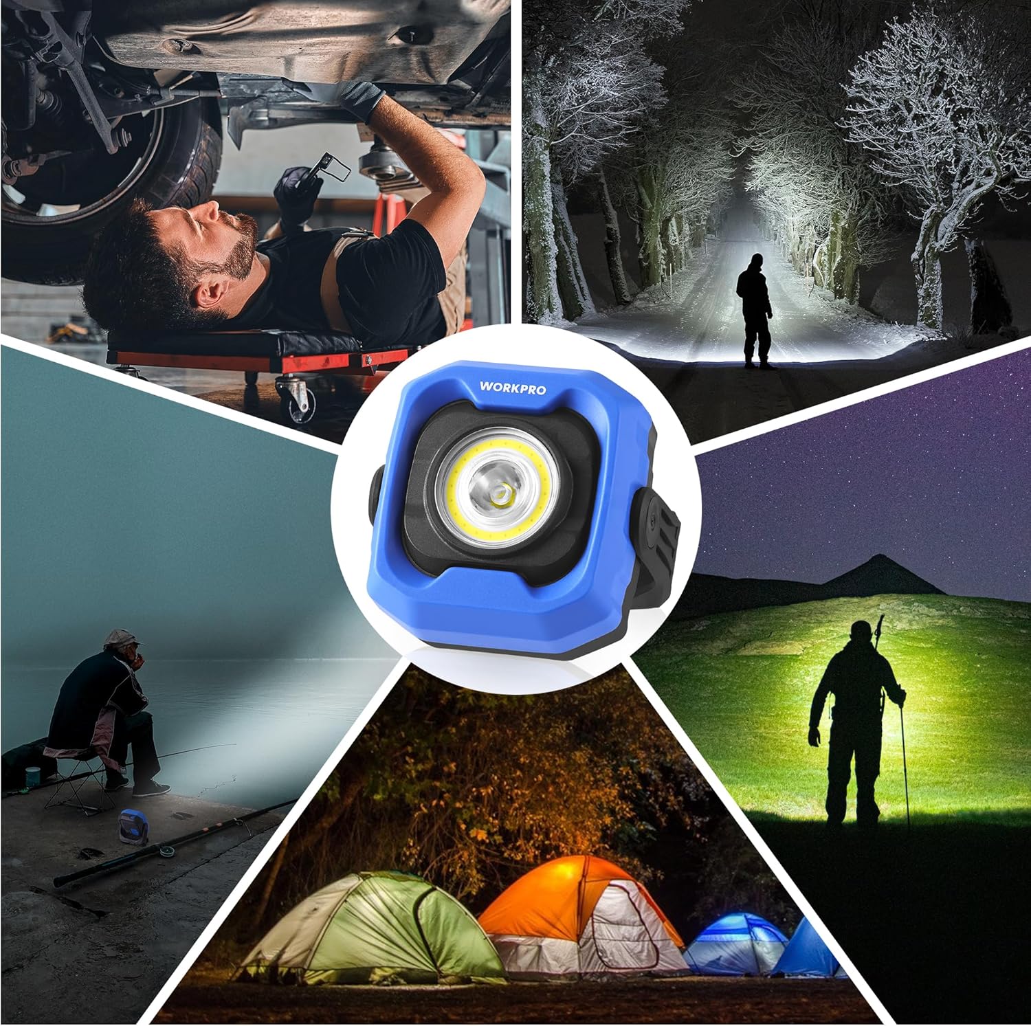 WORKPRO LED work light, blue and black compact design with circular lens