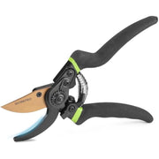 Bypass pruning shears on white background, tan blade with black handles and green accent pivot