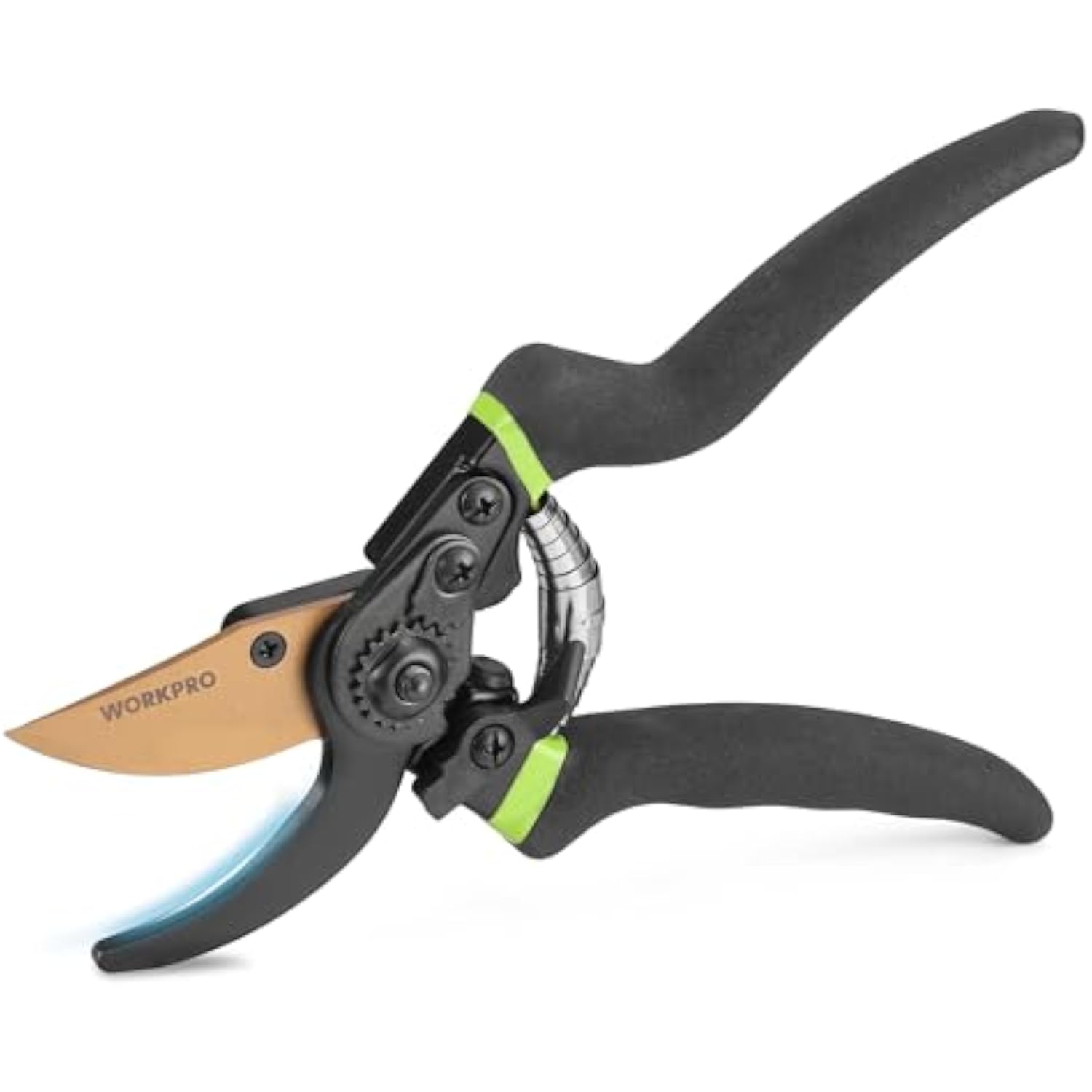 Bypass pruning shears on white background, tan blade with black handles and green accent pivot