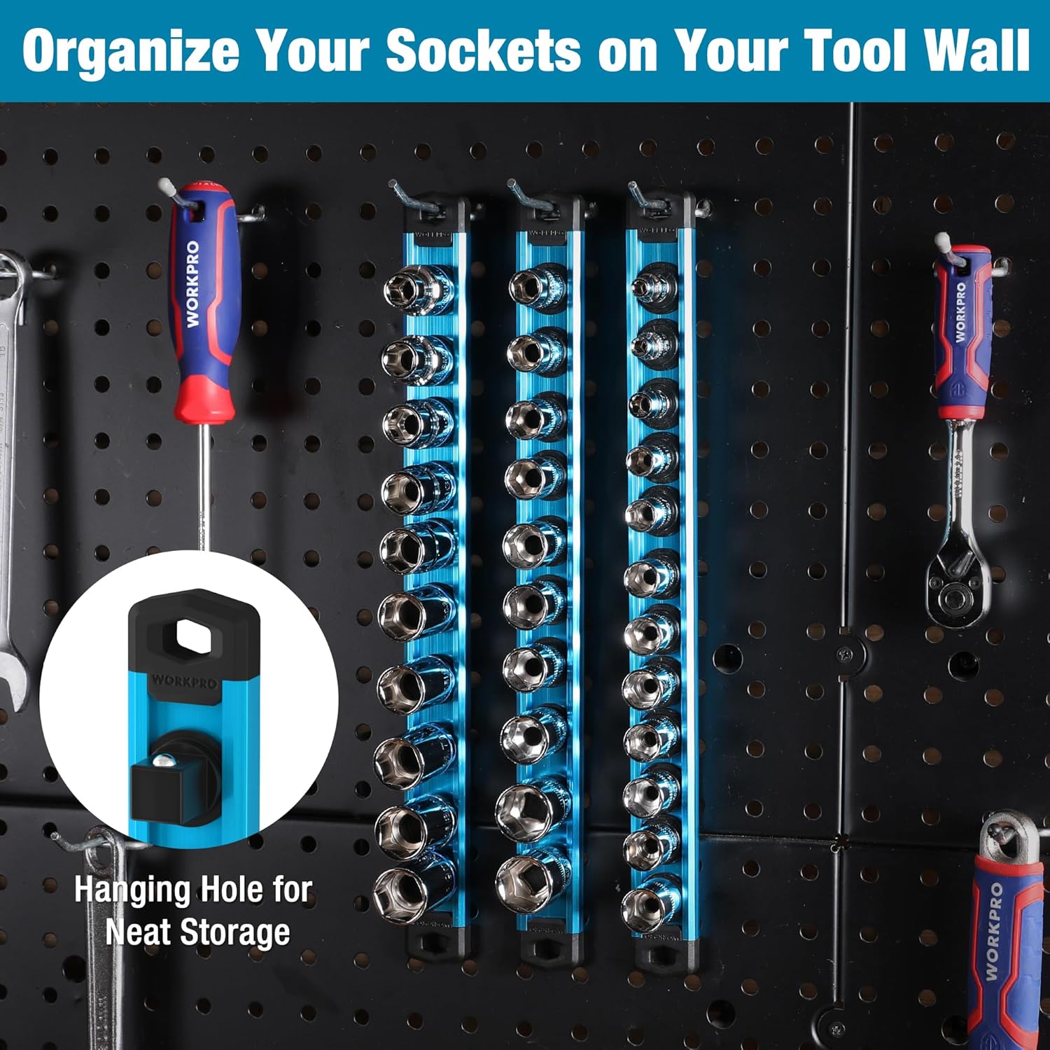 Sky blue magnetic socket organizer rail with black hanging hooks and multiple clip holders