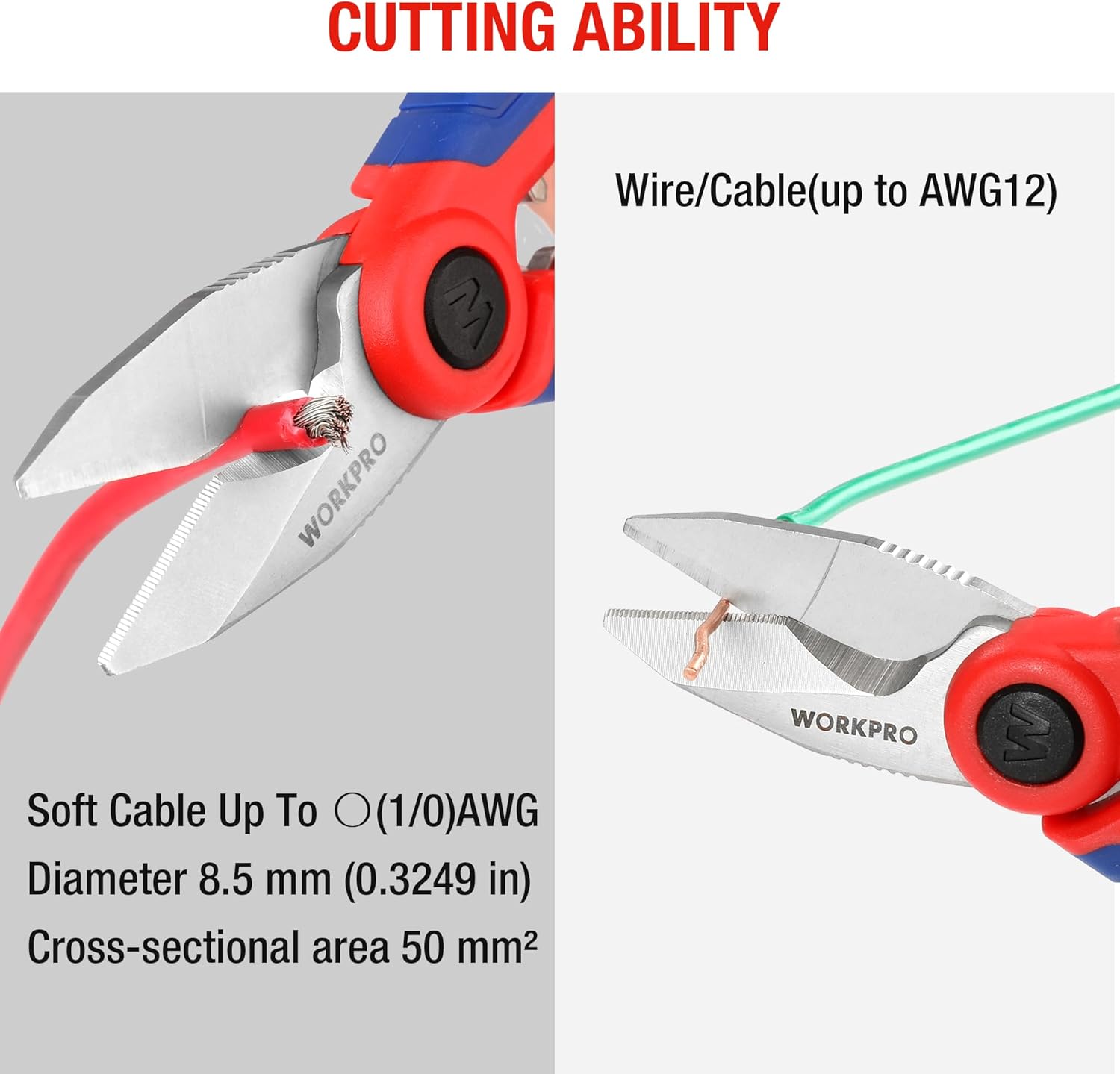 Wire-cable cutting shears with serrated blades and red comfort grip