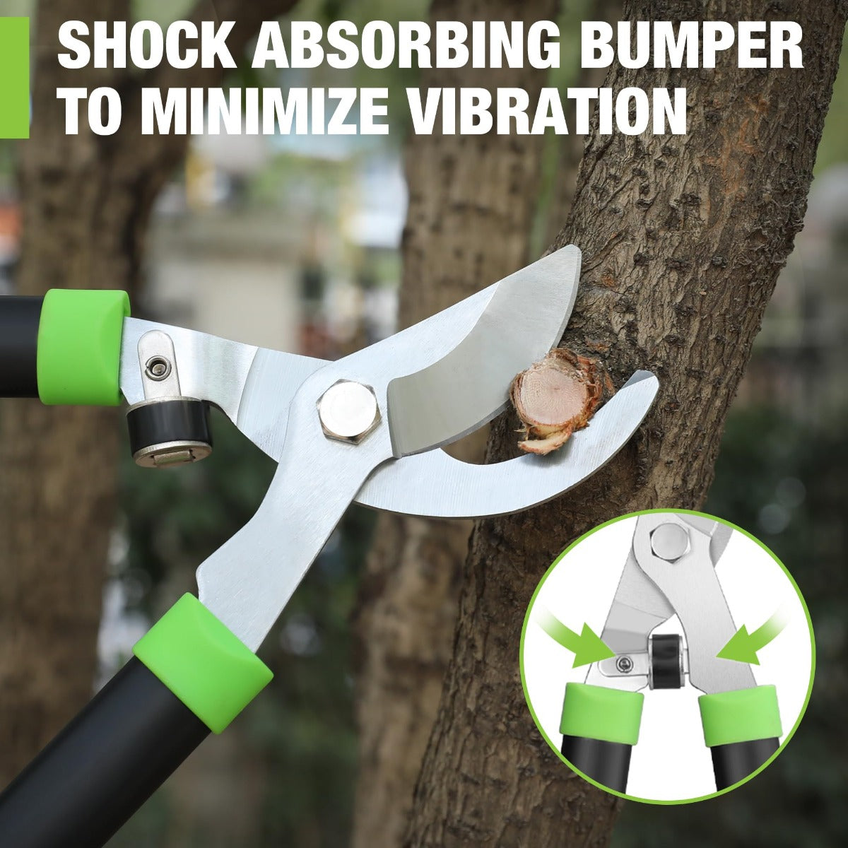 Bypass lopper cutting a branch with shock-absorbing bumper and green grips