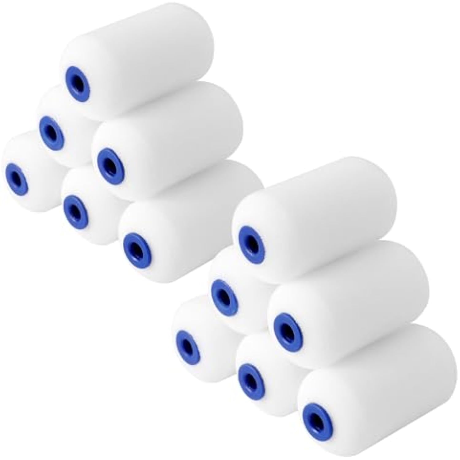 Pack of mini foam paint roller covers, white sponge with blue center holes, stacked.