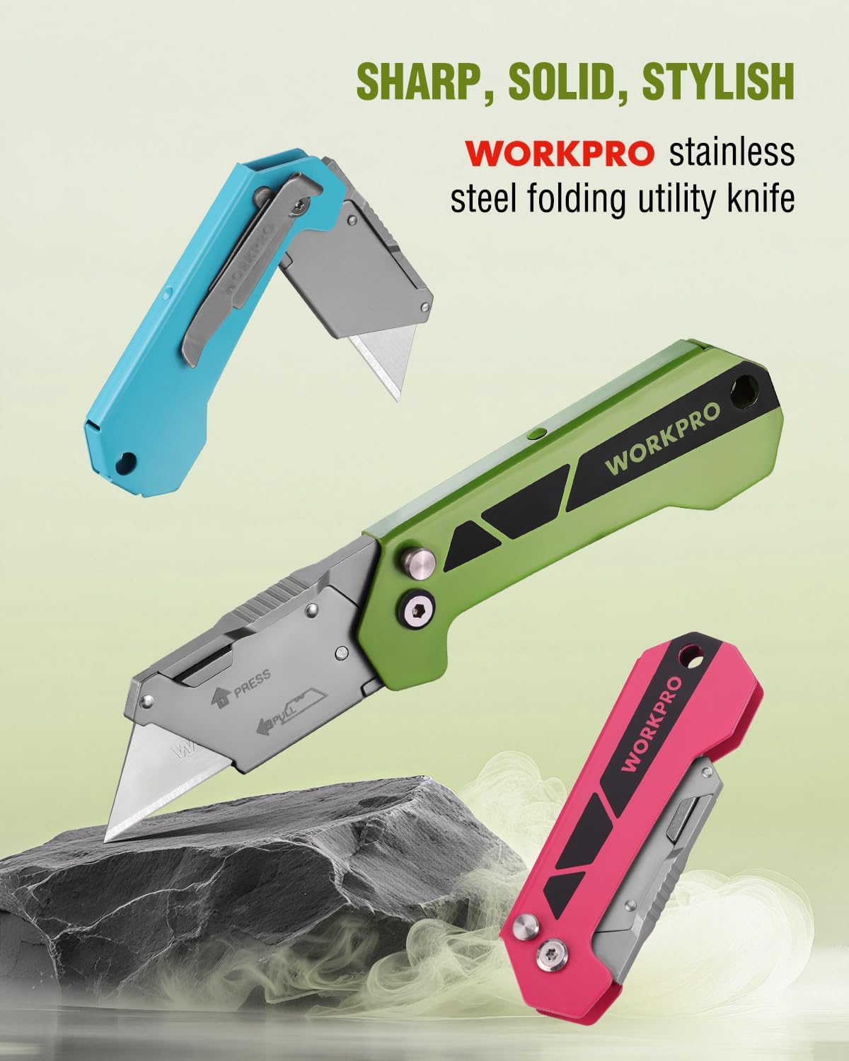 Green and gray stainless steel folding utility knife with compact pocket design