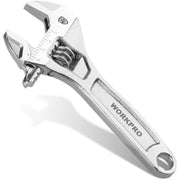 Chrome adjustable wrench with engraved WORKPRO branding and worm gear adjuster.