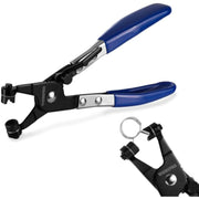 Hose clamp pliers with blue handles and black lever jaws; included clamp tool shown