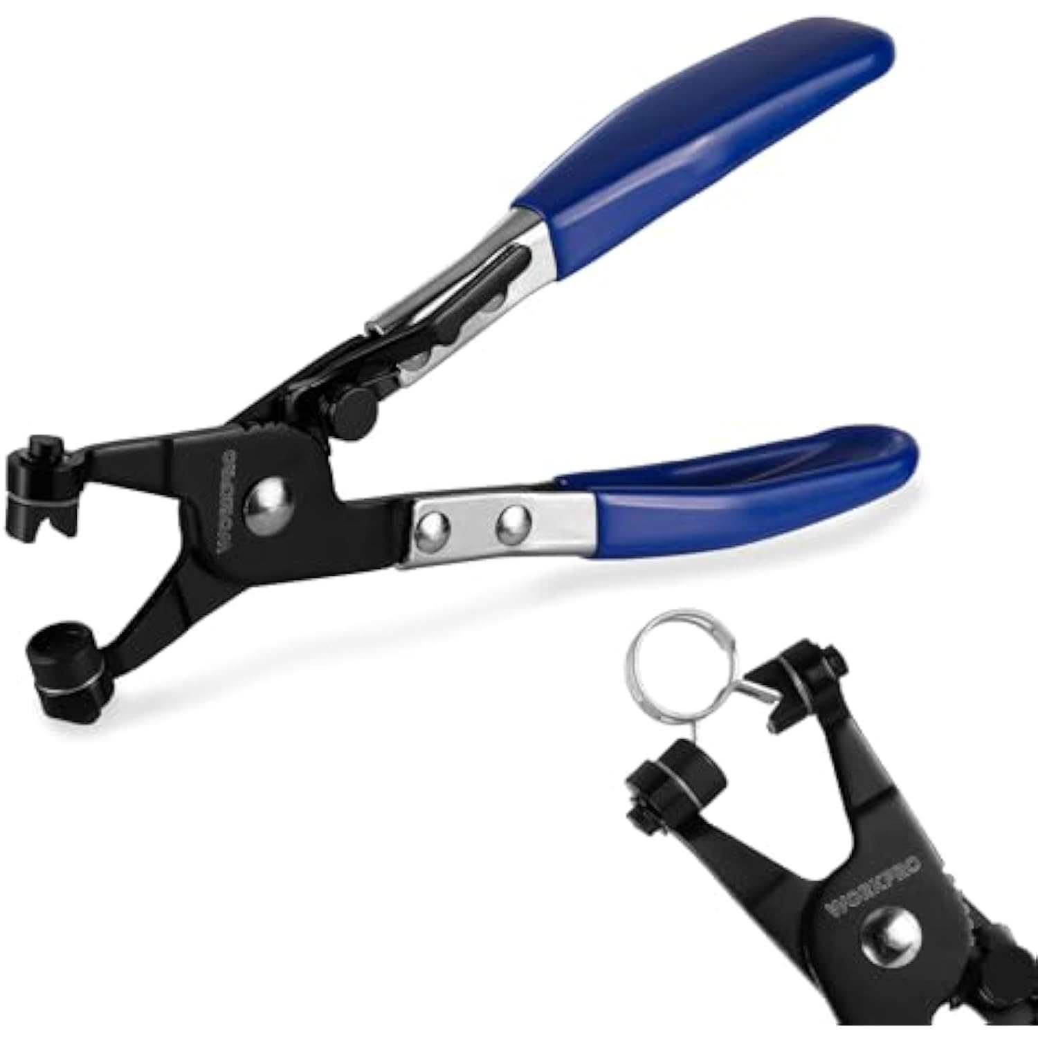 Hose clamp pliers with blue handles and black lever jaws; included clamp tool shown