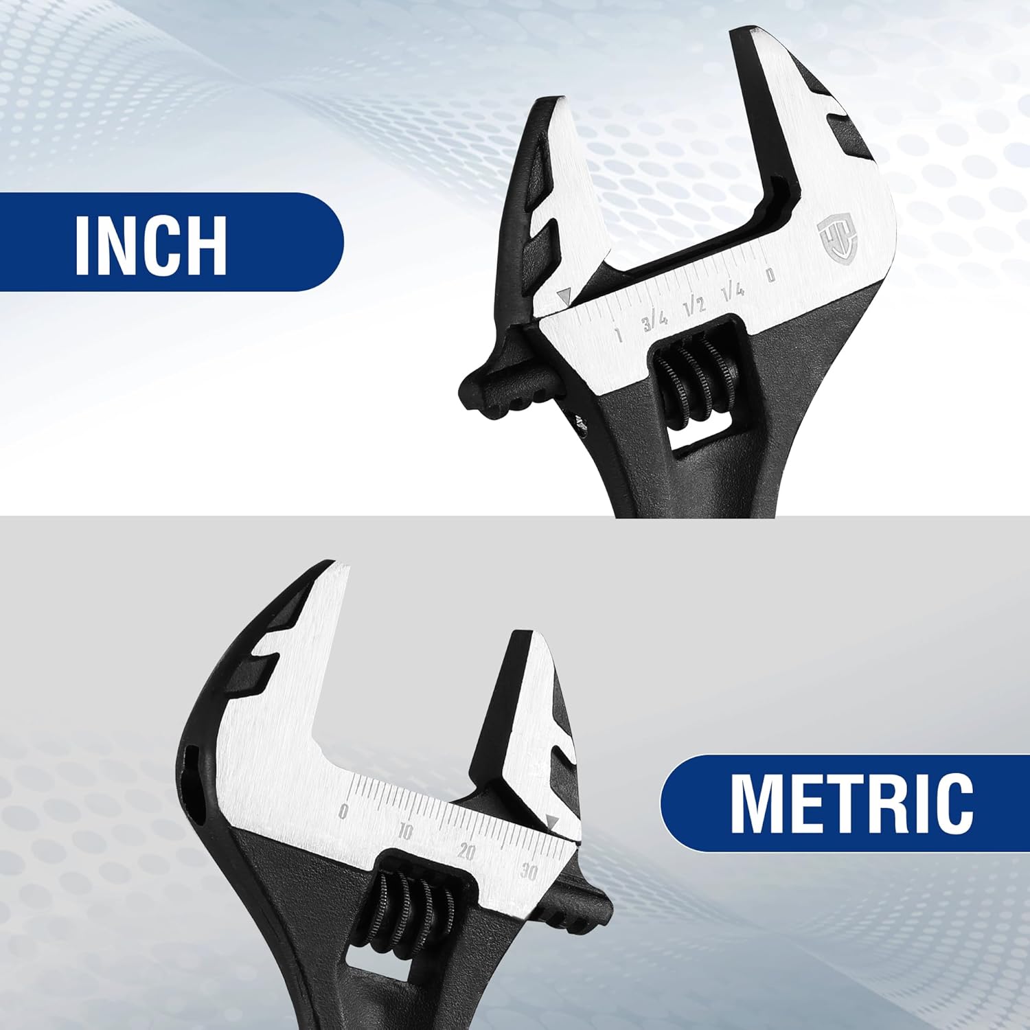 Adjustable wrench with inch and metric measurement markings on jaw