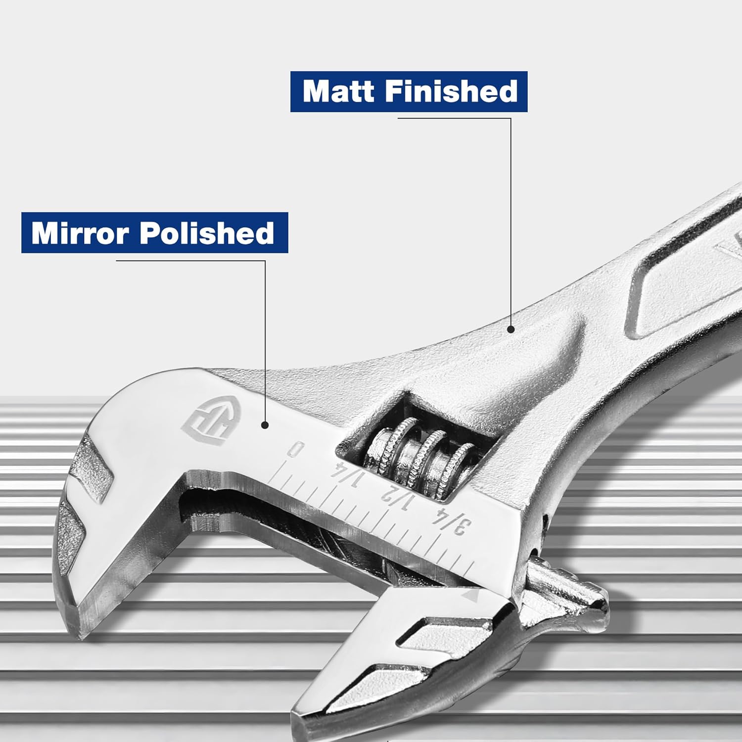 Adjustable wrench with metric/SAE scale and knurled worm gear, wide jaw