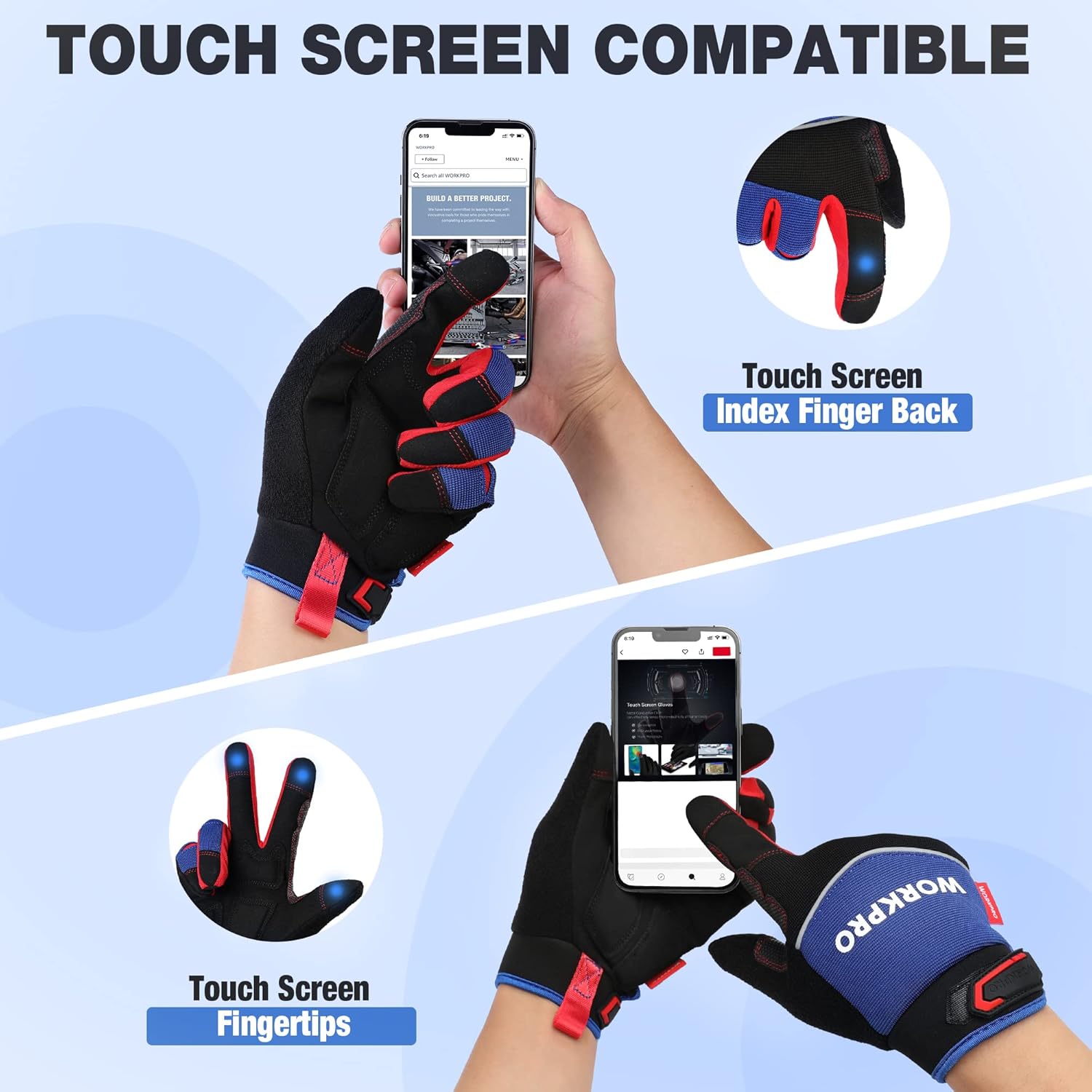 Safety work gloves with touch-screen fingertips and index-finger back, black/blue/red