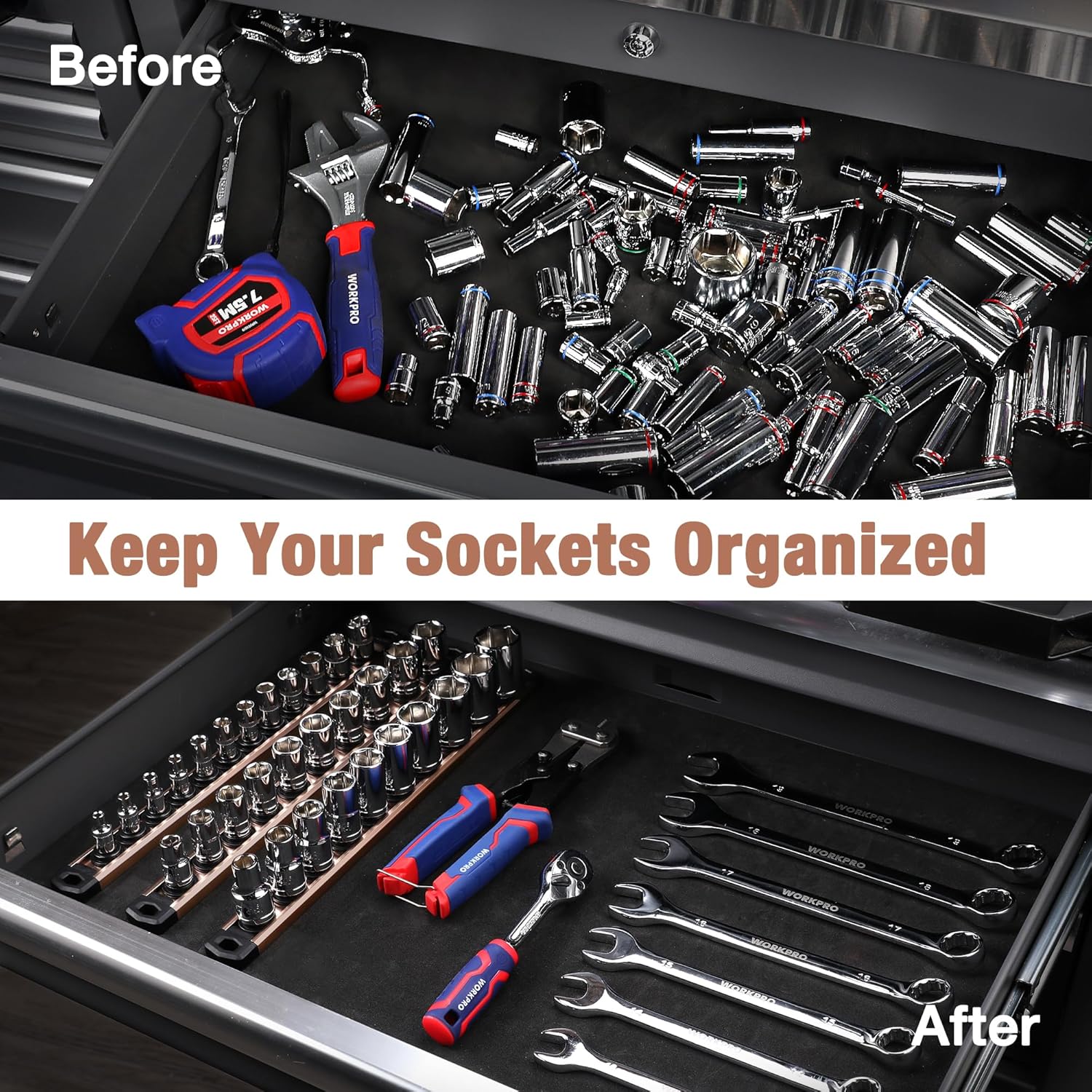 Aluminum socket organizer rail with black magnetic clips, champagne finish