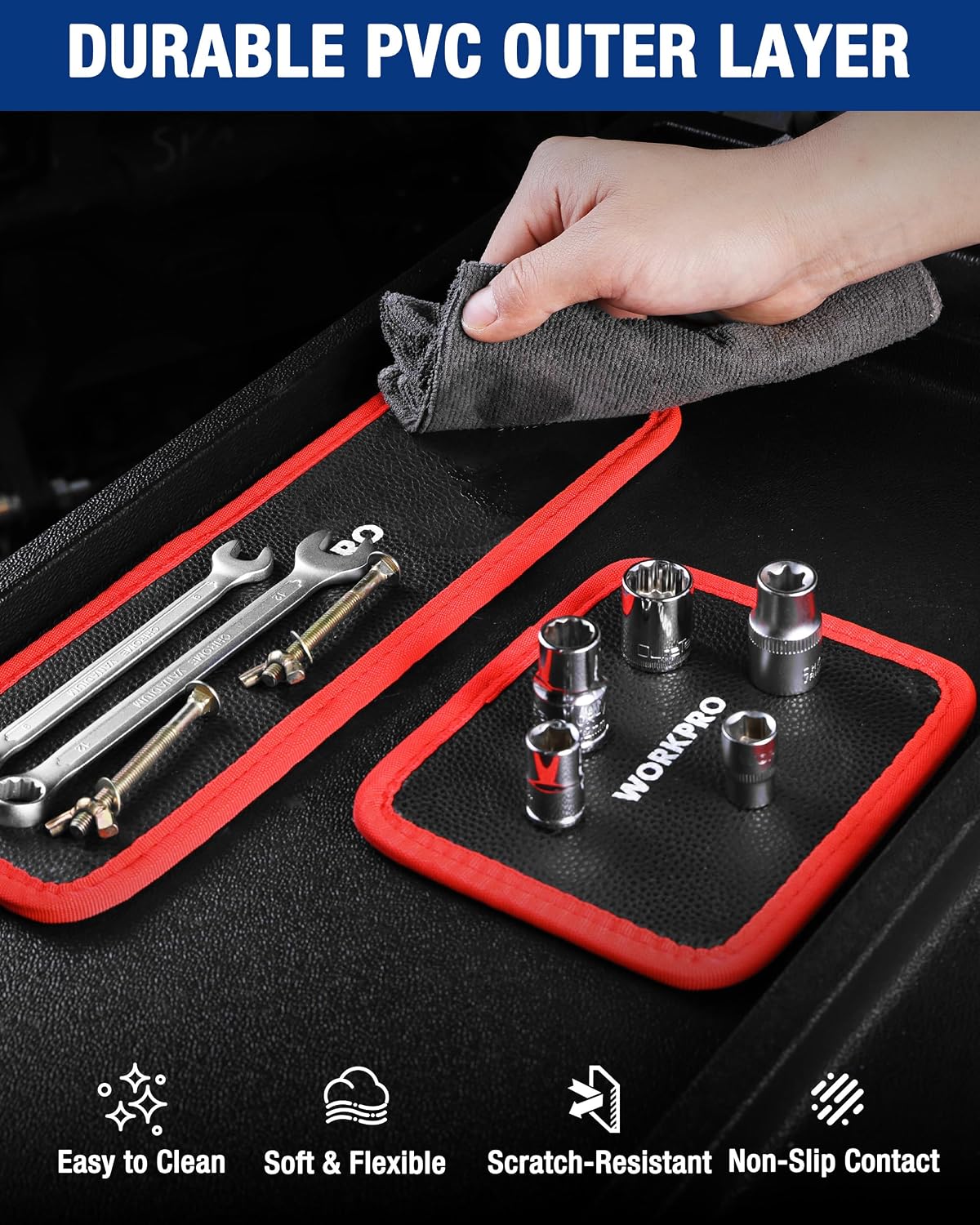 Flexible red-and-black magnetic tool mat with durable textured PVC outer layer and soft grip feel