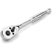 Mirror-polished chrome 1/4-in drive reversible ratchet wrench with ergonomic handle