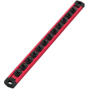 Red 1/4-inch drive socket organizer rail with 12 black socket clips