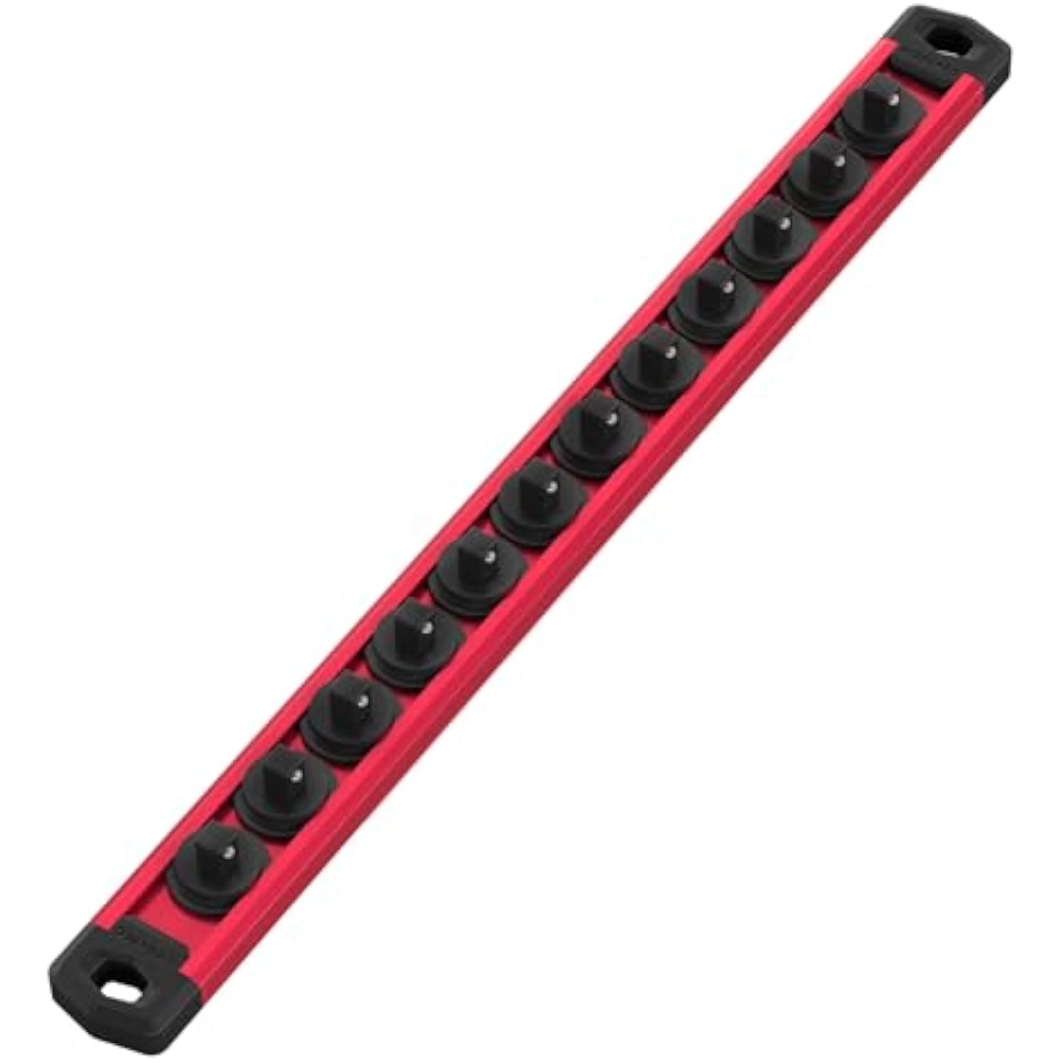 Red 1/4-inch drive socket organizer rail with 12 black socket clips