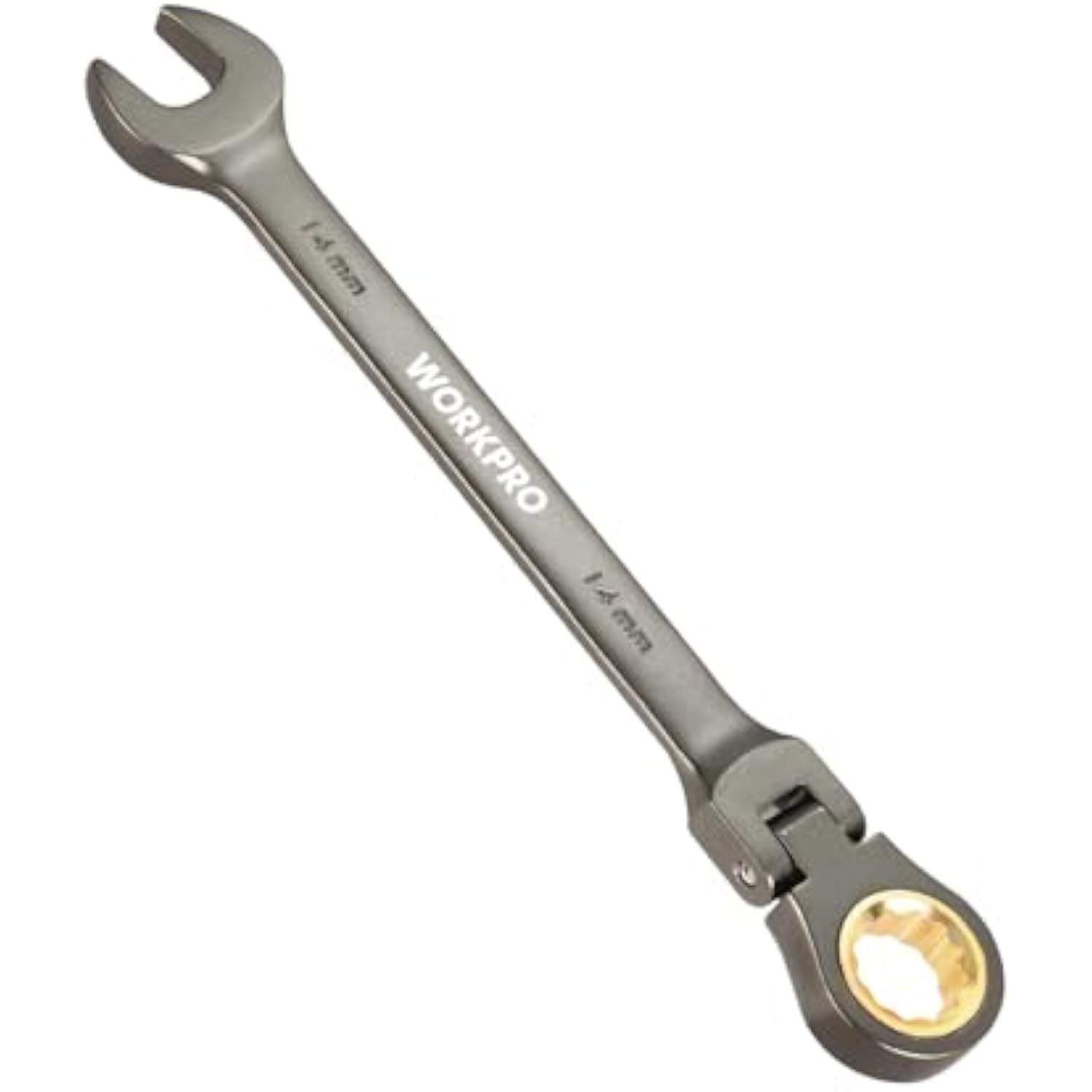 14 mm flex-head ratcheting combination wrench with open end and nickel-plated box