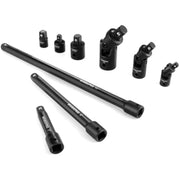 Black socket extension bars and universal joints with drive adapters in a 9-piece set