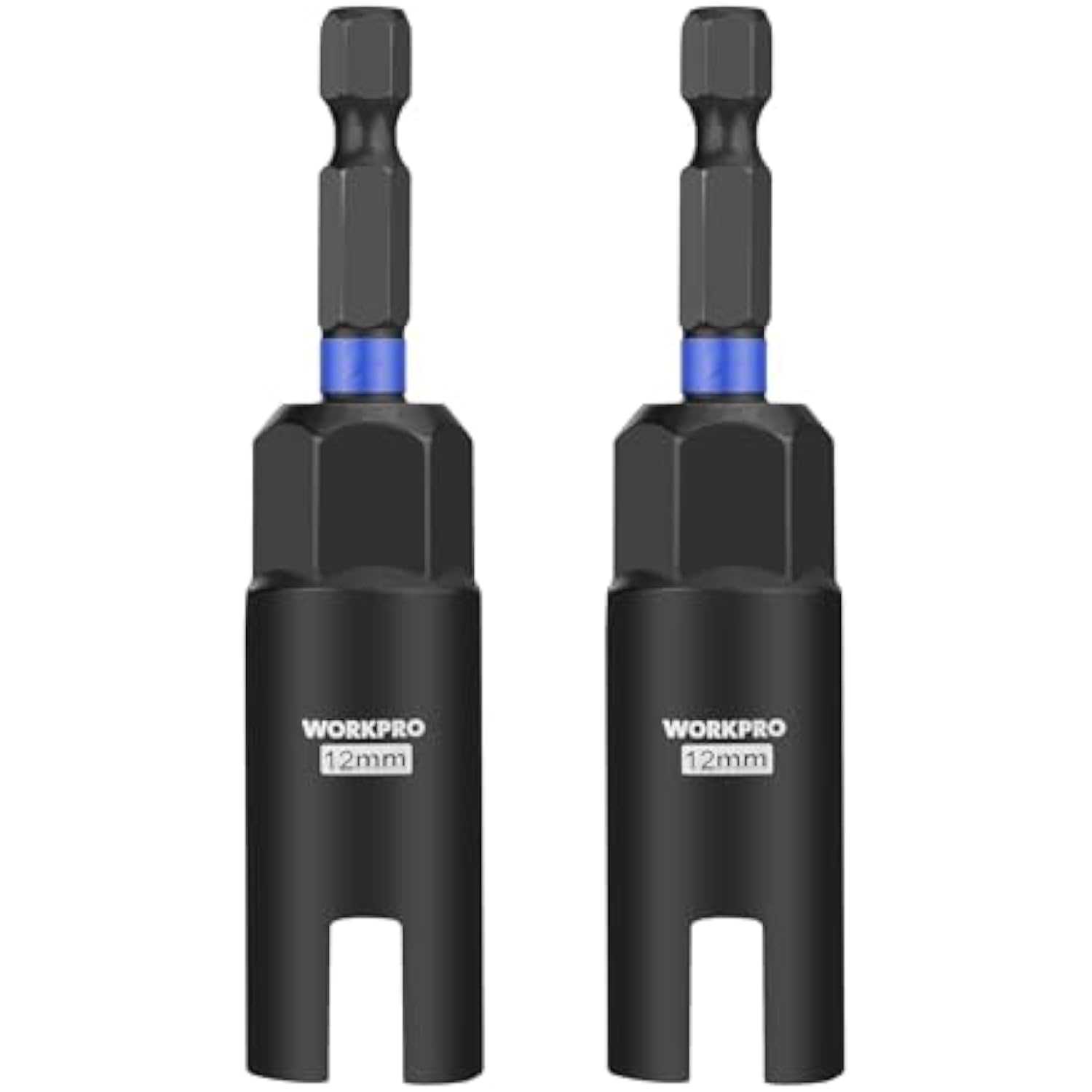 Two black 12mm wing nut driver bits with blue bands, matching sockets and hex ends.