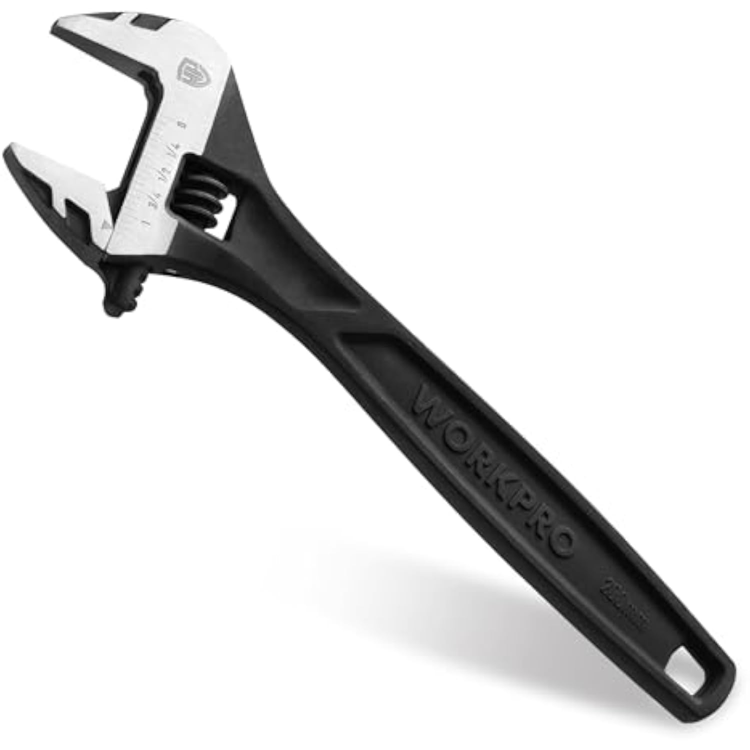 Black oxide adjustable wrench with silver jaws and hanging hole end