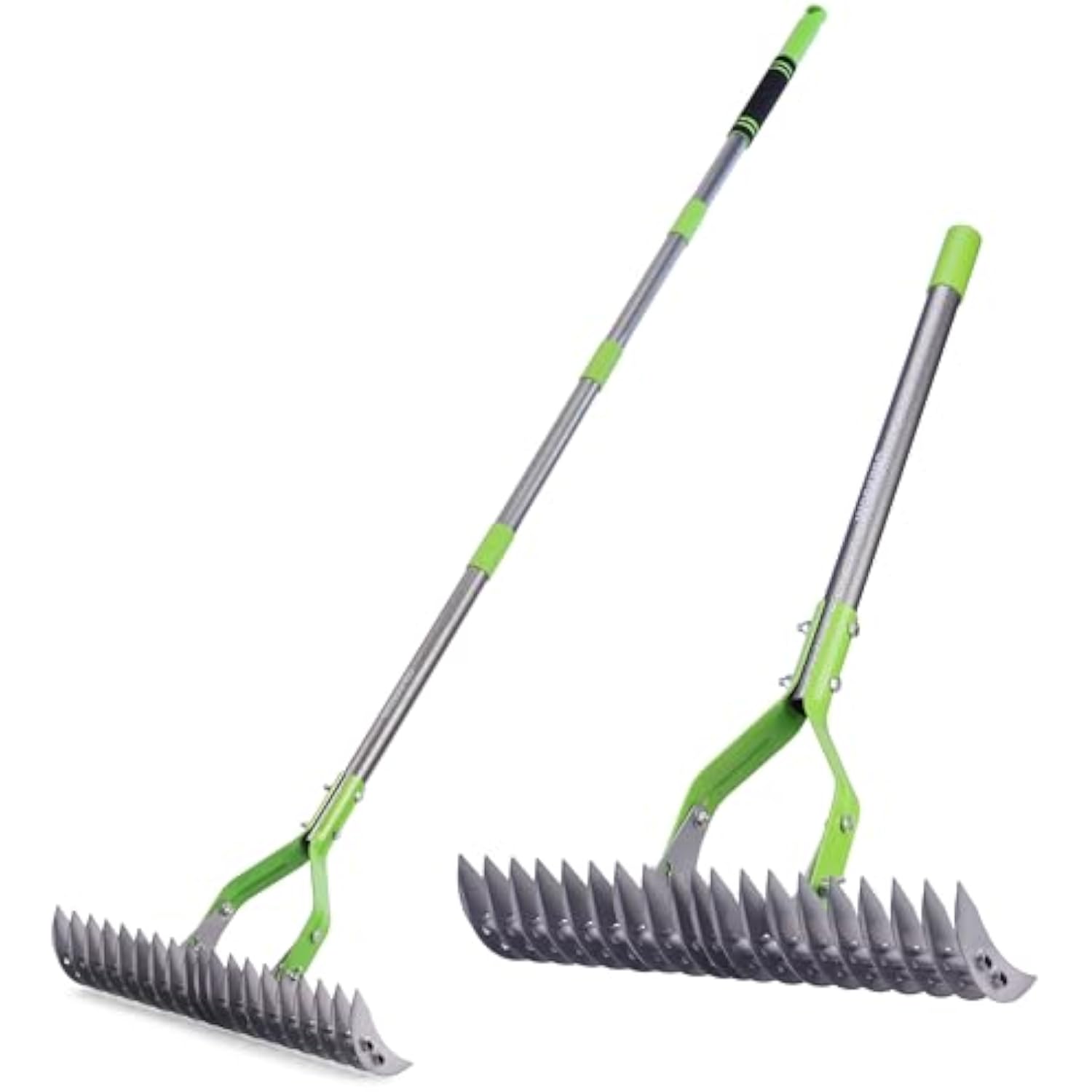 Two-section dethatching rake set with green frame and curved steel teeth