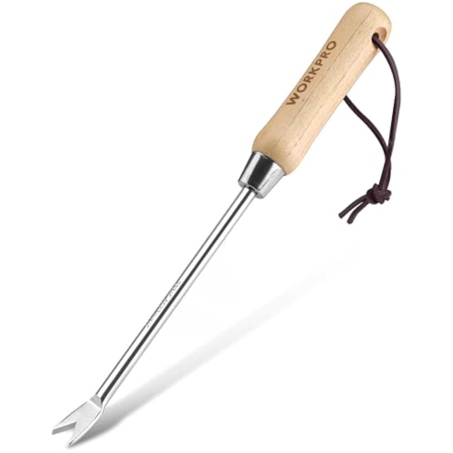 Two-pronged weeder fork with polished stainless shaft, light wood handle and lanyard