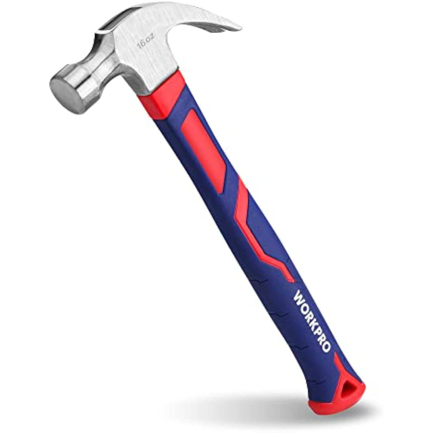 Claw hammer with forged steel head, fiberglass handle, blue and red colorway