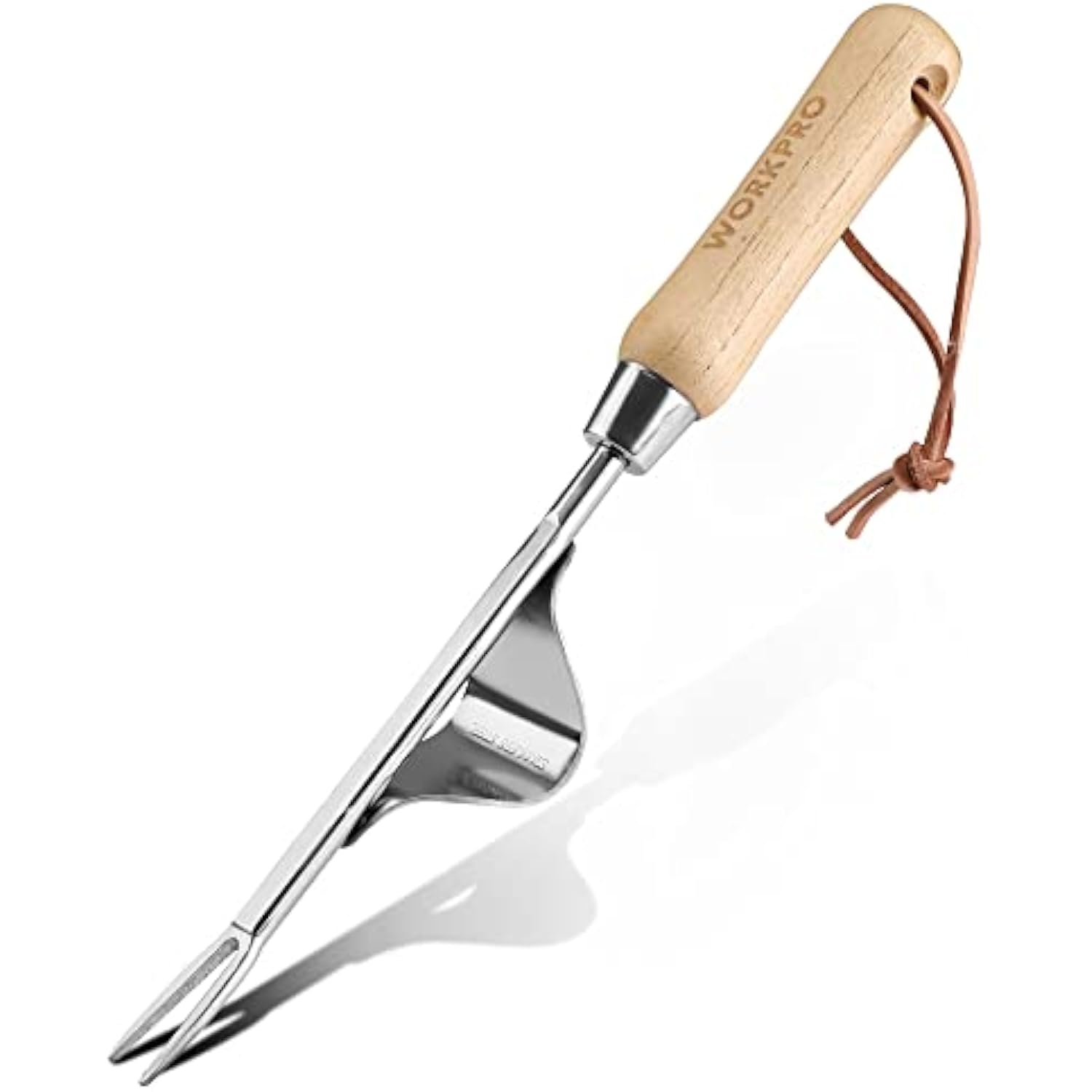 Stainless steel weed puller with wooden handle and V-shaped fork; metal leverage base