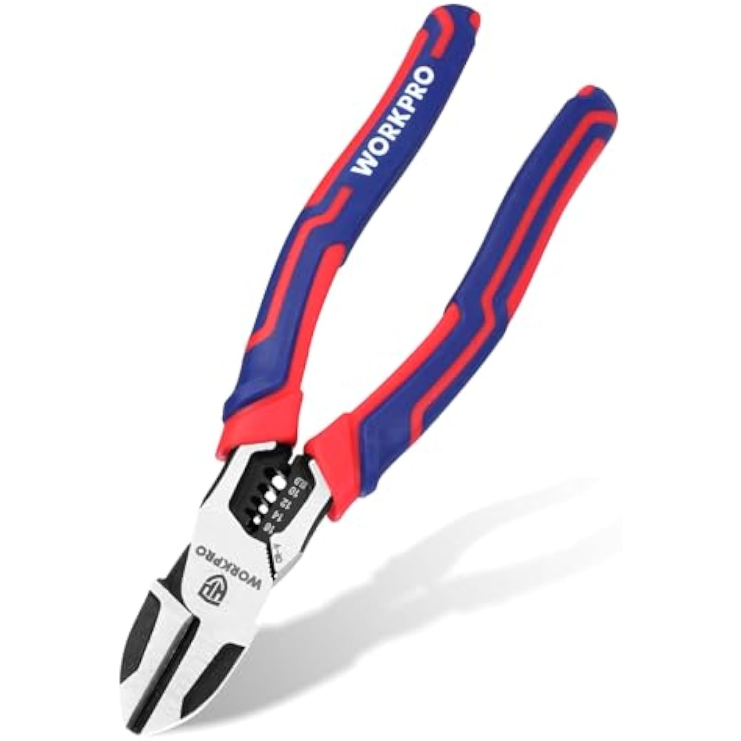 WORKPRO 2-in-1 diagonal cutting pliers with wire stripper and cutter ends, red and blue