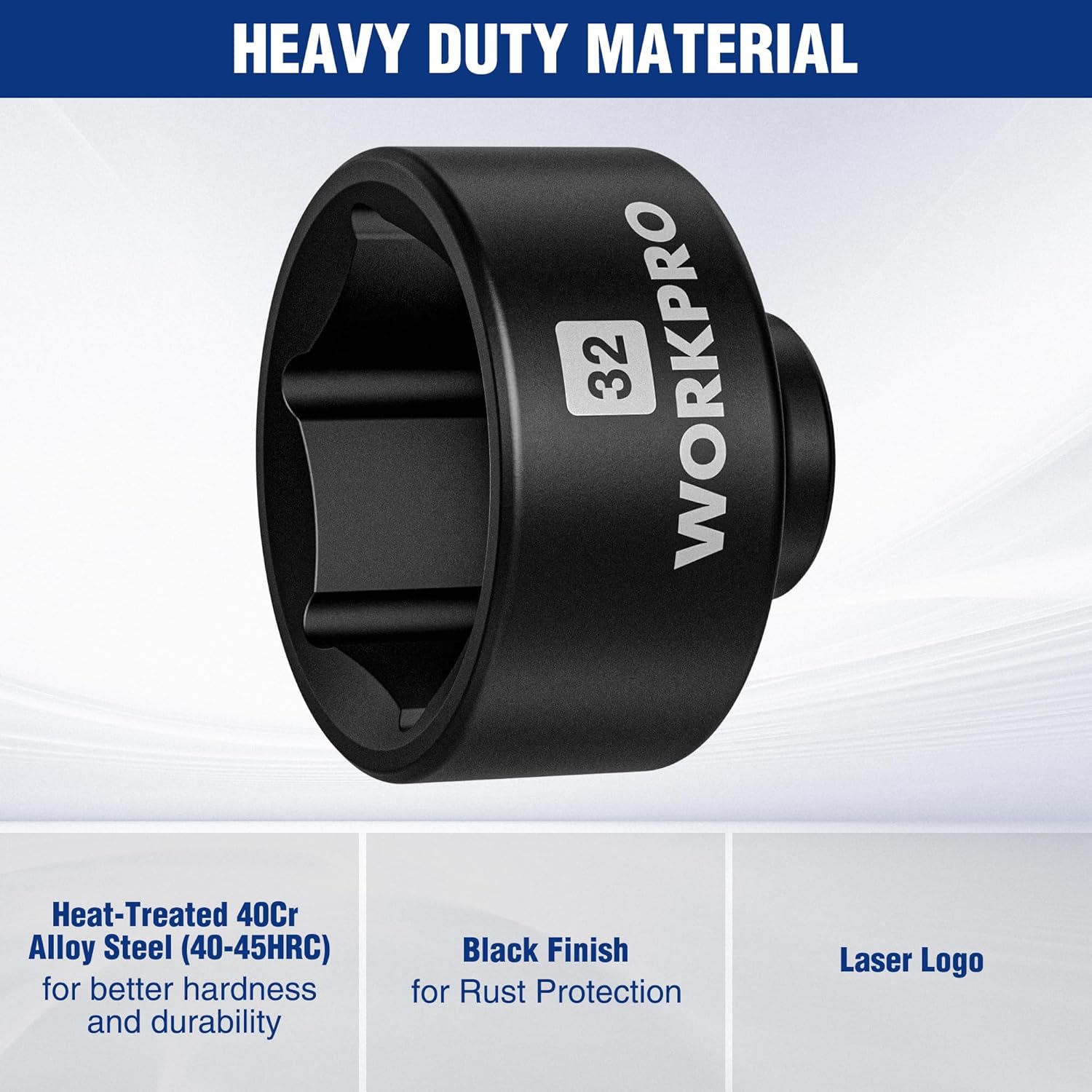 WORKPRO 32mm heavy-duty oil filter socket wrench, black finish, laser logo