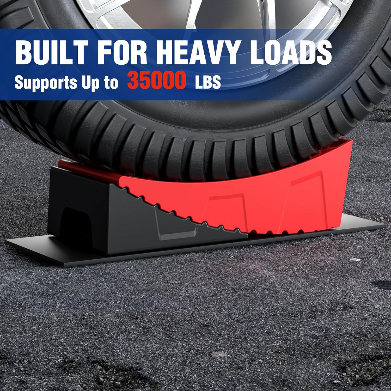 Red RV leveling block with serrated edge and anti-slip base under tire