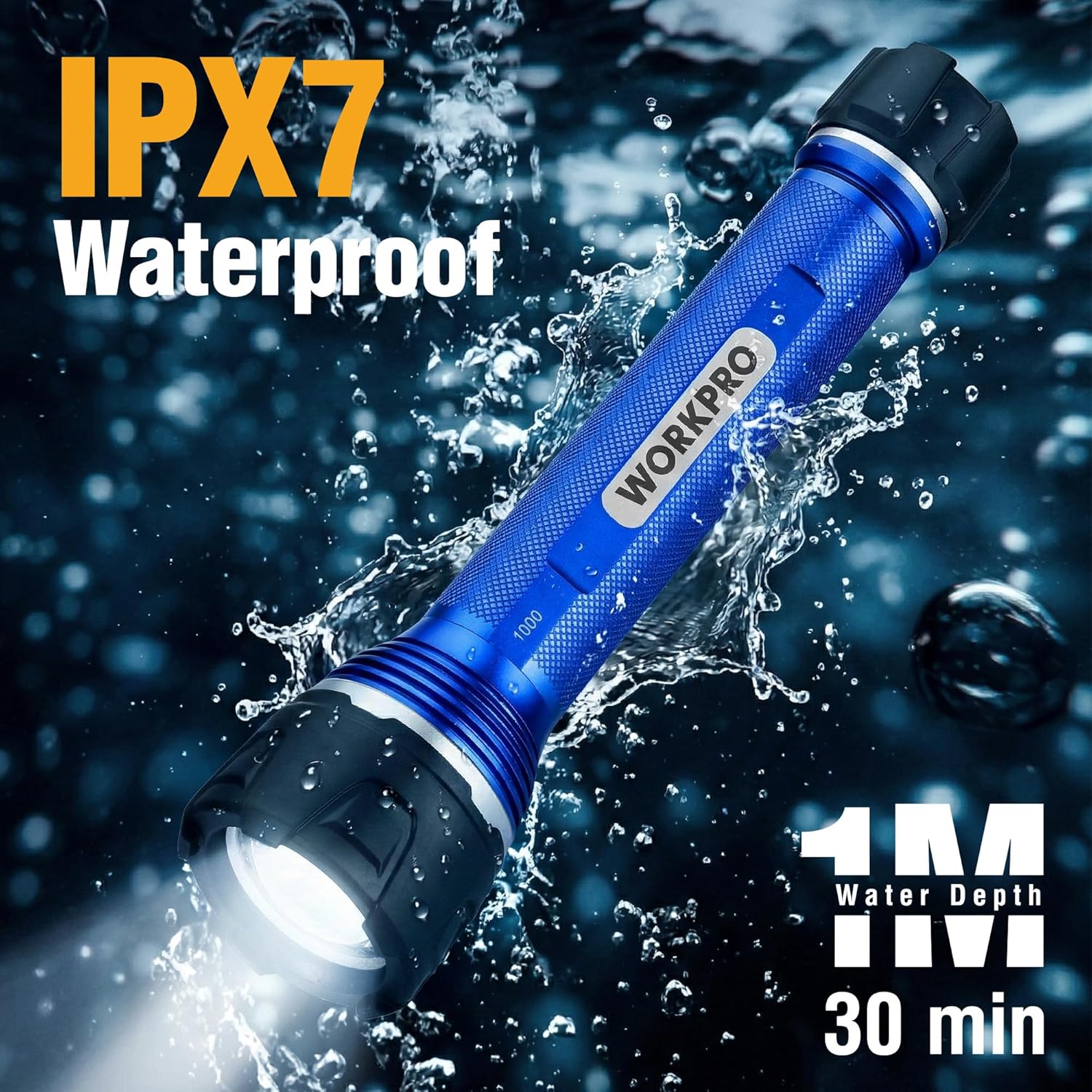 Blue IPX7 waterproof LED flashlight with black bezel and sealed lens, handheld aluminum body