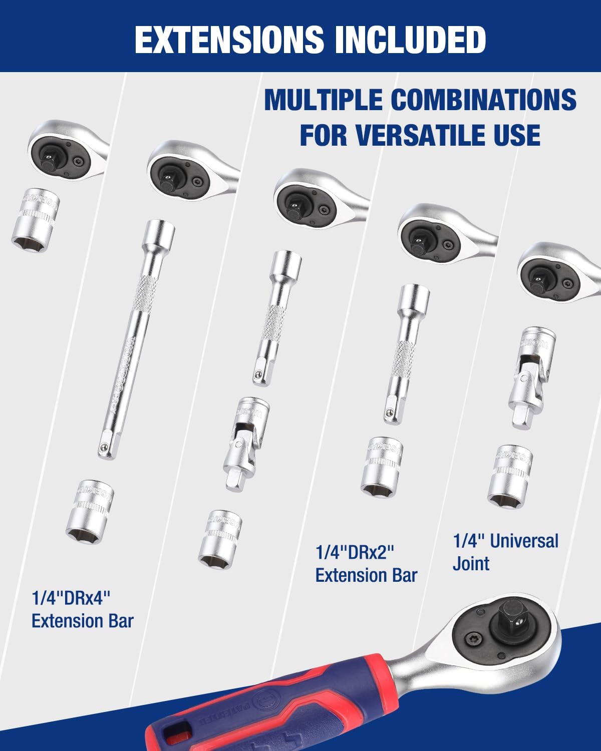 Extension bars kit with universal joint and red-and-blue 1/4-inch ratchet handle