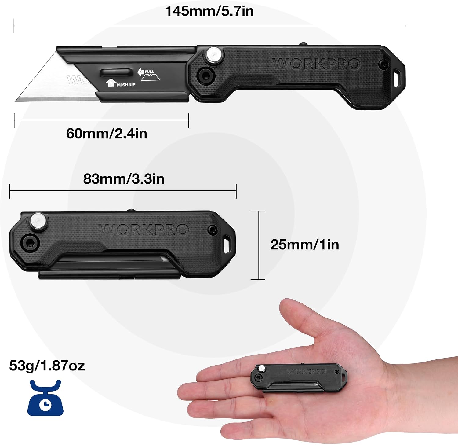Black folding utility knife with extended blade, compact body, textured grip