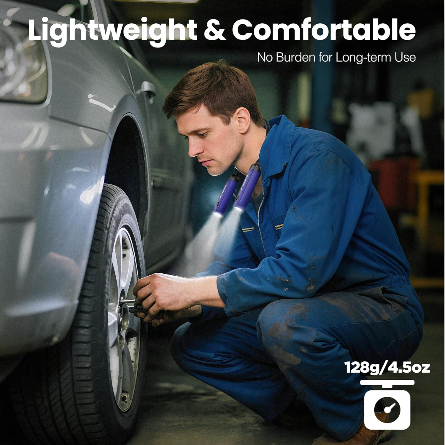 Blue and black rechargeable neck light worn by a mechanic for hands-free work