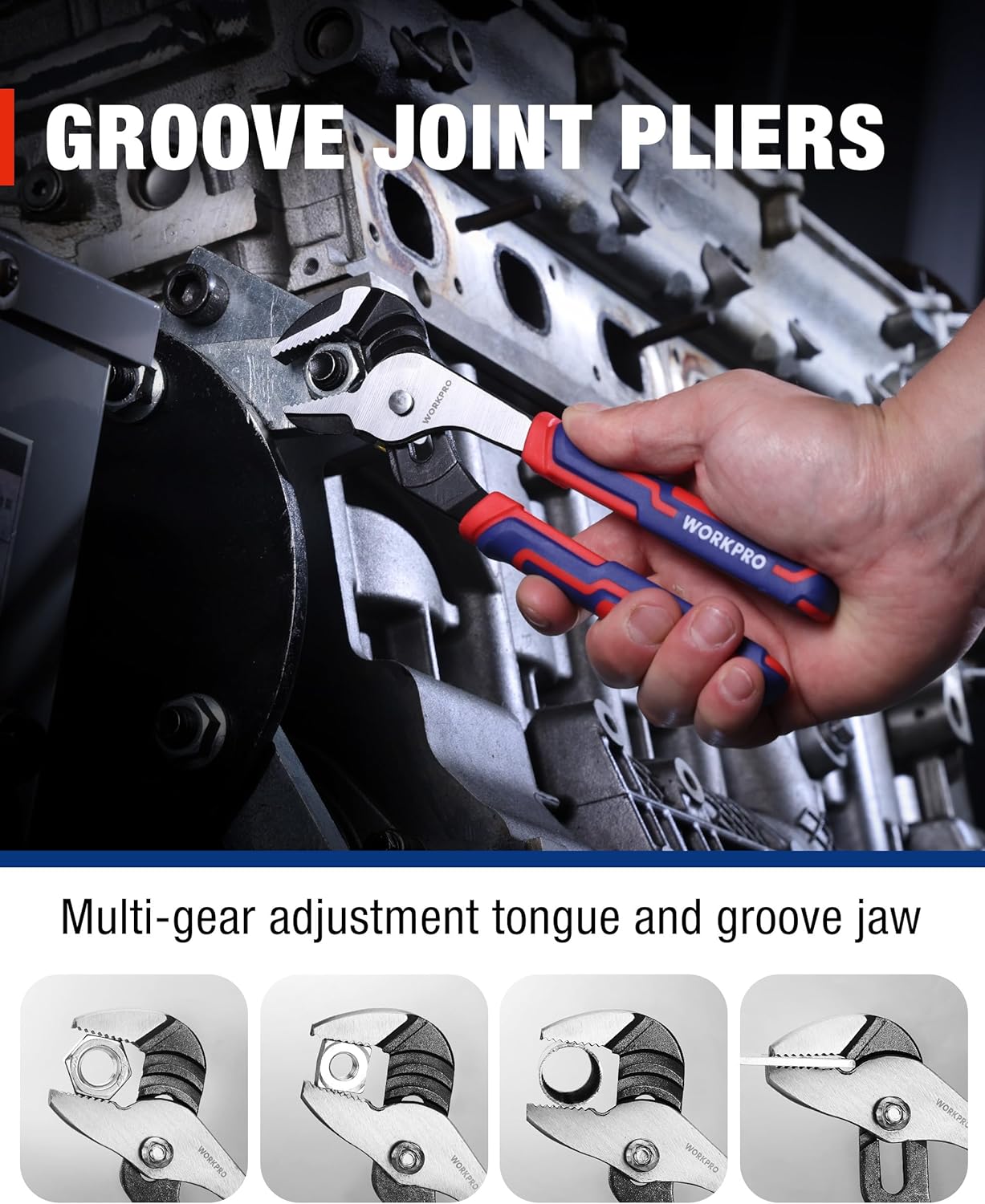 WORKPRO groove joint pliers with blue-red handle and adjustable serrated jaw