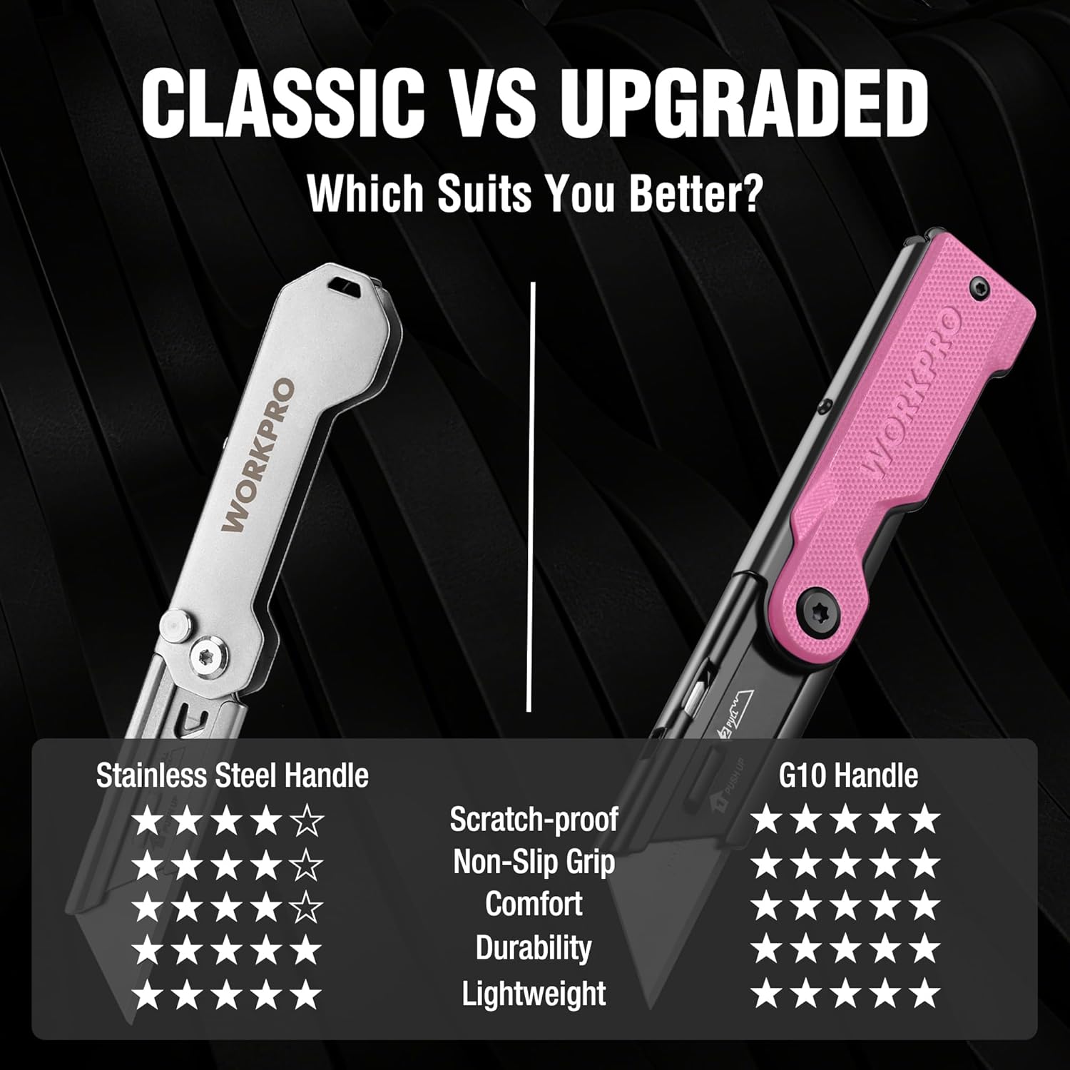 Folding utility knife with pink G10 handle and black body, blade extended.