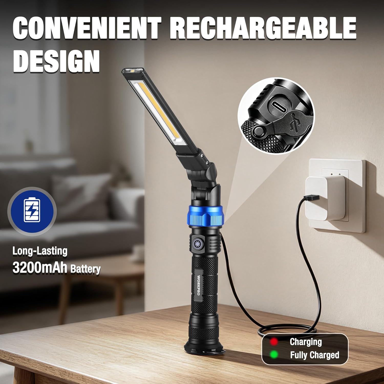 Rechargeable LED work light charging on wall outlet, with visible charging indicator lights.