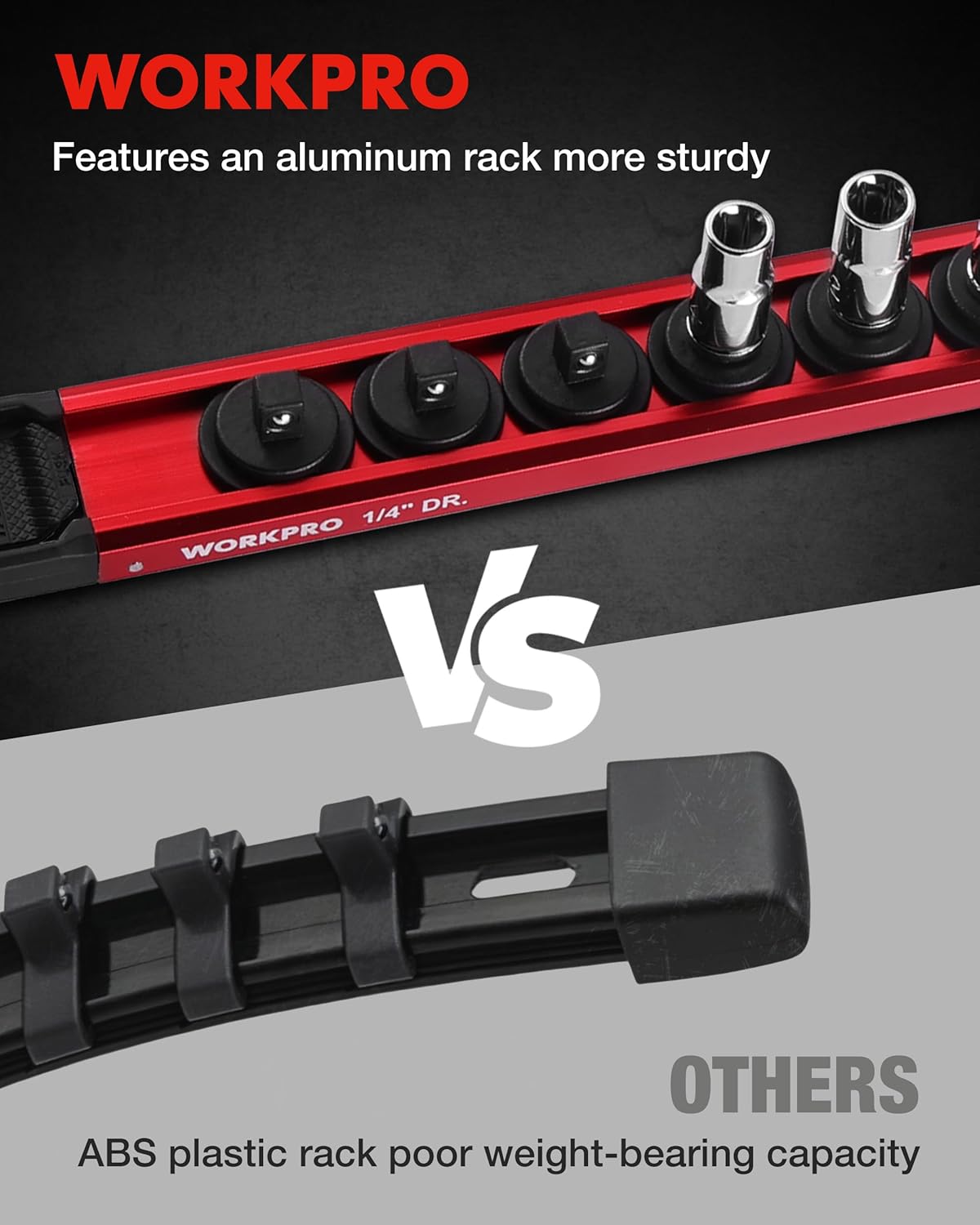 Aluminum socket rack rail with black removable clips for organizing sockets securely