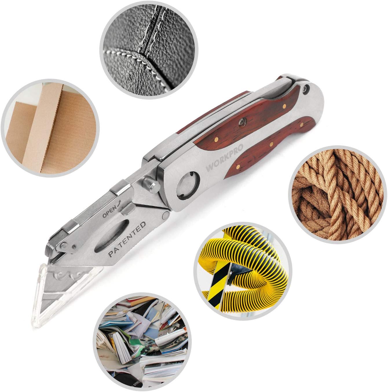 Folding utility knife with red wood-grain handle; shows blade and grip texture details