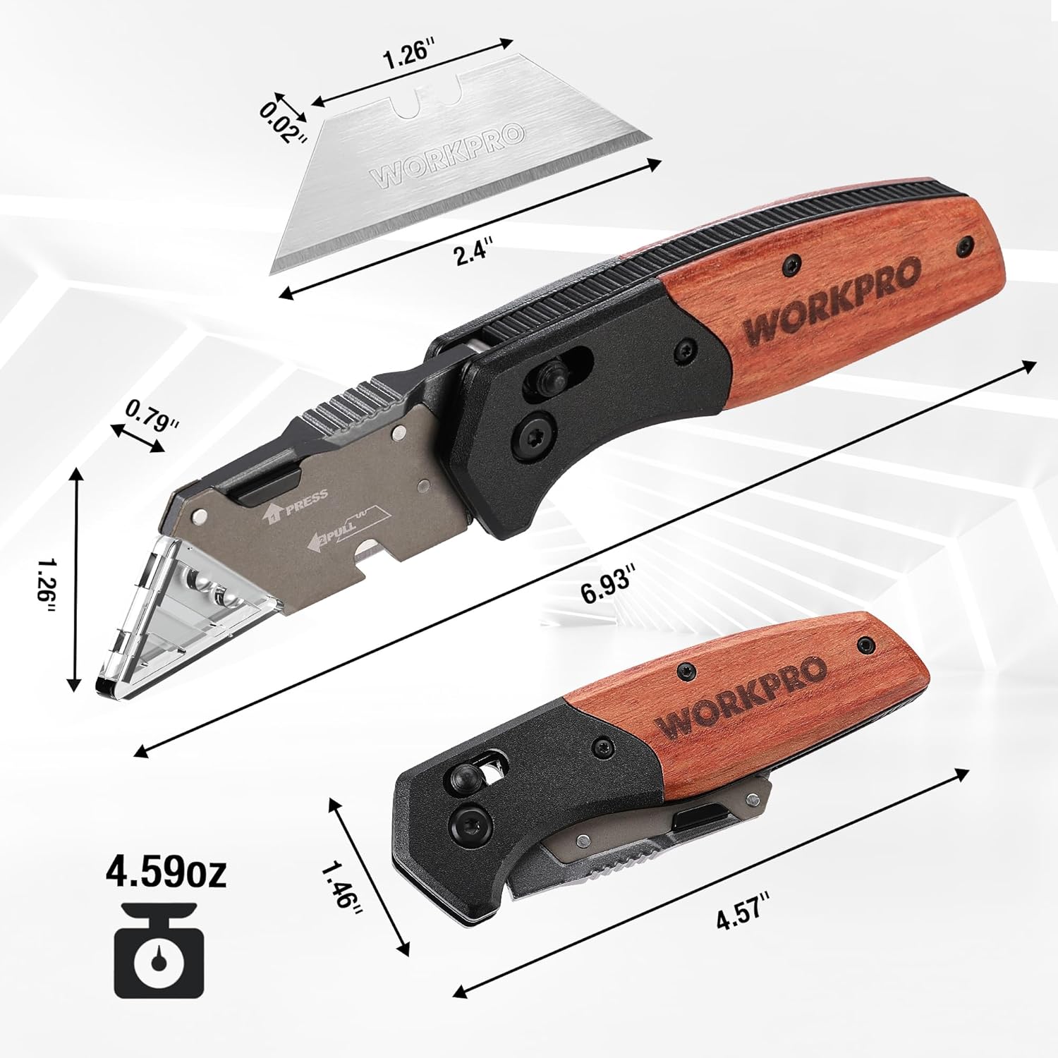 Folding utility knife with wood handle, black blade holder and axis lock mechanism