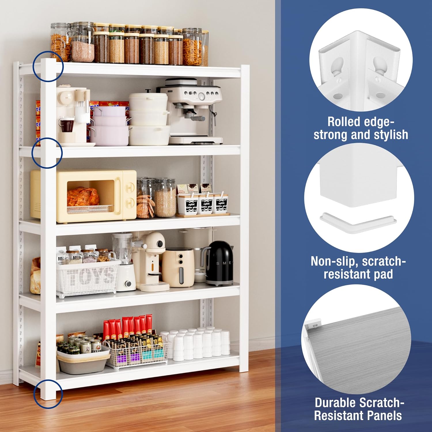 White 5-tier shelving unit fully loaded with kitchen items, open board shelves