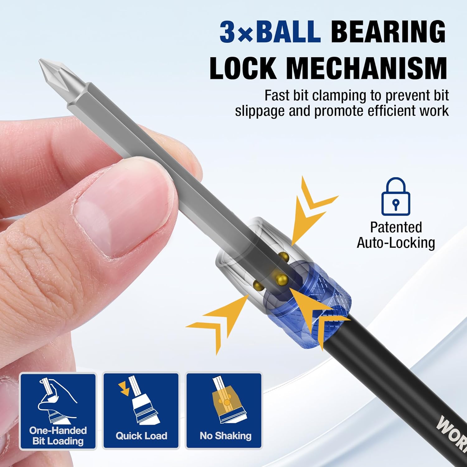 Black impact driver bit extension adapter with blue auto-lock ring and hex shank tip