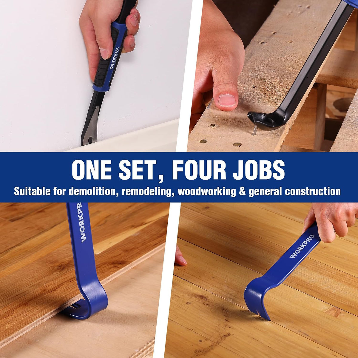 WORKPRO 4-Piece Pry Bar Set with Case | Includes 7" Mini, 10" Puller, 12" Cat's Paw & Flat. Forged Steel, HT, Rust-Resist. For Demo/Remodel/Woodwork