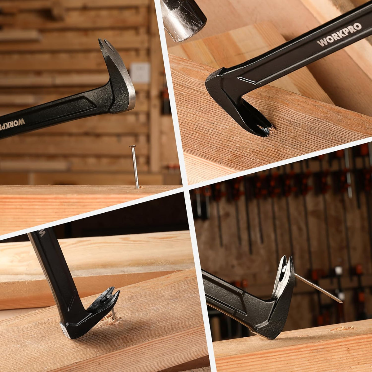 WORKPRO black rocking nail puller shown gripping wood, angled claw pry head