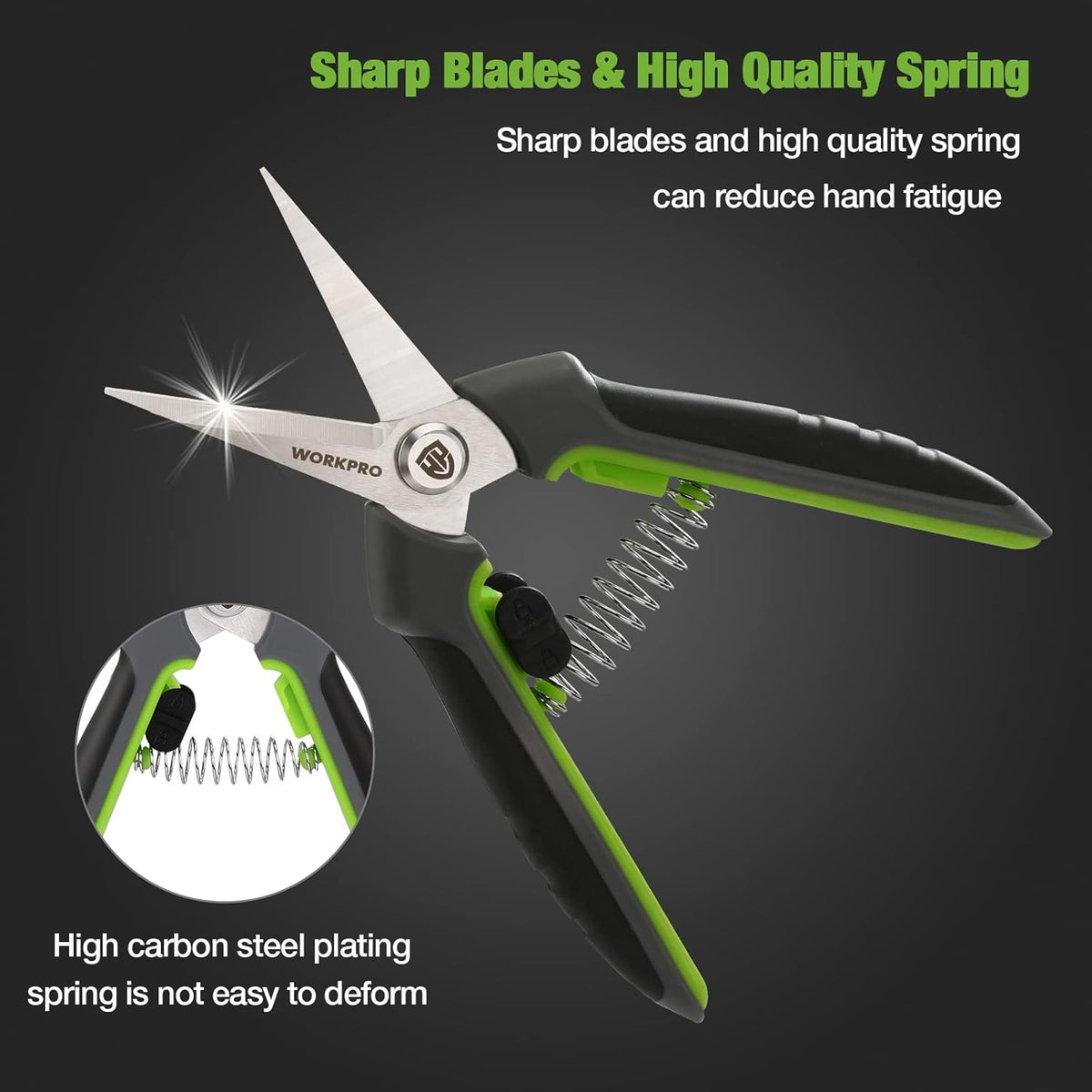 Pruning shears with sharp straight blades and spring mechanism on green-and-black handles
