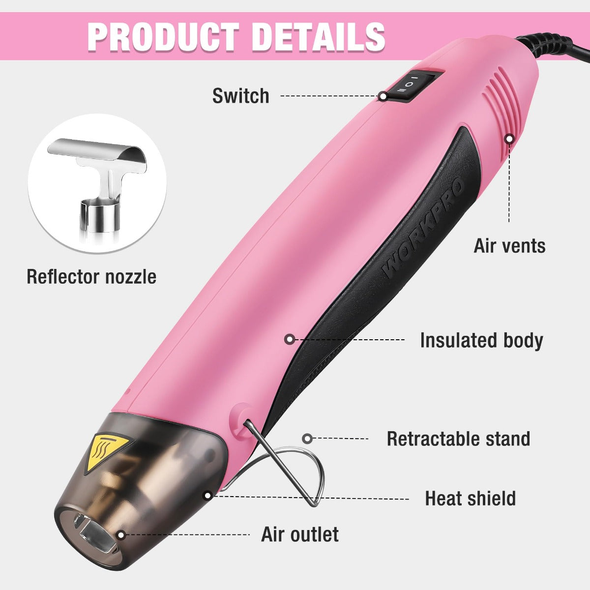 Pink mini hot air gun with reflector nozzle, insulated body, and retractable stand